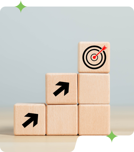A target on the dartboard and an upward arrow on a wooden block represent business growth.